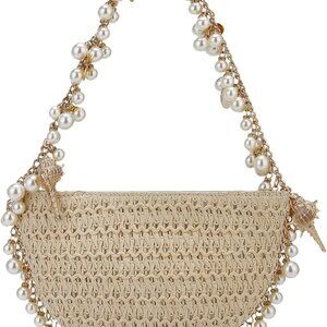 Women Straw Shoulder Bag Pearl Conch Summer Beach Handbag 3-in-1 Chic